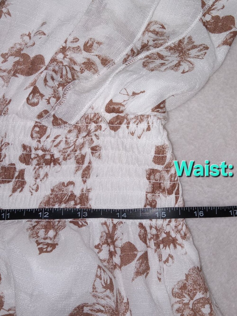NWT J Gee Maxi Dress Size L White Brown Floral Cottagecore Smocked Boho Flutter - Picture 9 of 16
